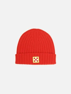 Cappello rosso in misto cashmere con patch check