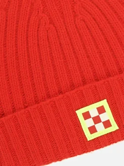 Cappello rosso in misto cashmere con patch check