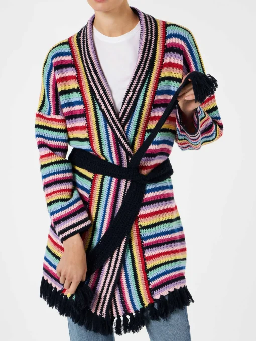 Cappotto crochet multicolore con cintura