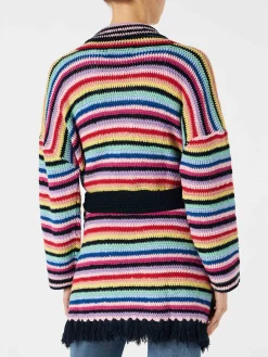 Cappotto crochet multicolore con cintura