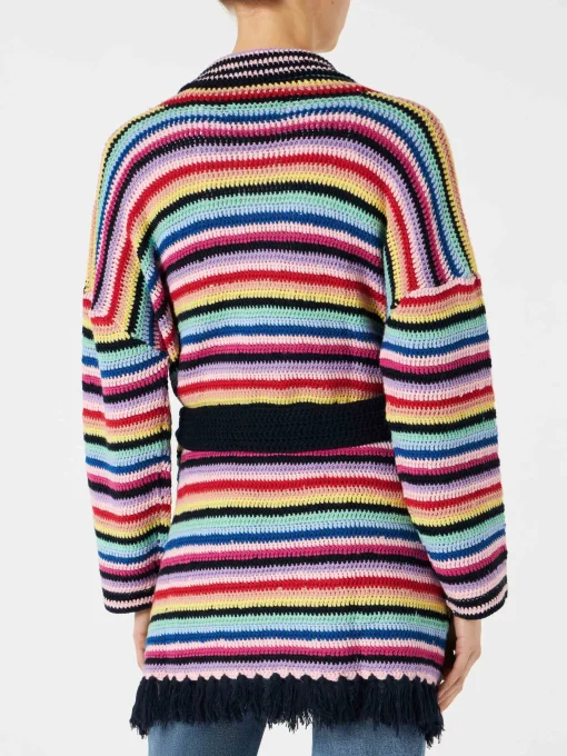 Cappotto crochet multicolore con cintura