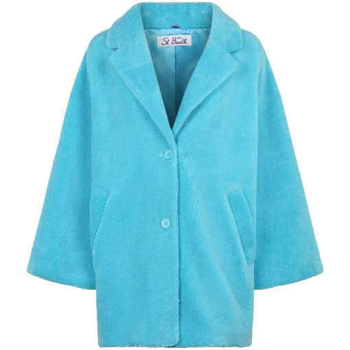 Cappotto da donna tessuto teddy turchese