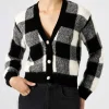 Cardigan corto da donna con bottoni gioiello e stampa vichy