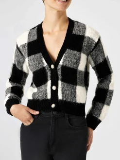 Cardigan corto da donna con bottoni gioiello e stampa vichy