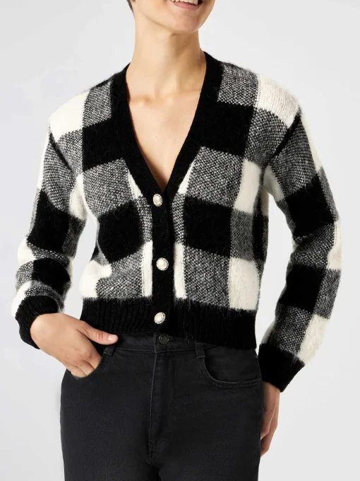 Cardigan corto da donna con bottoni gioiello e stampa vichy