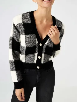 Cardigan corto da donna con bottoni gioiello e stampa vichy