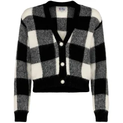 Cardigan corto da donna con bottoni gioiello e stampa vichy