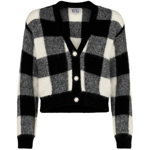 Cardigan corto da donna con bottoni gioiello e stampa vichy