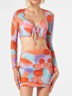 Cardigan crop da donna in tulle con stampa onde