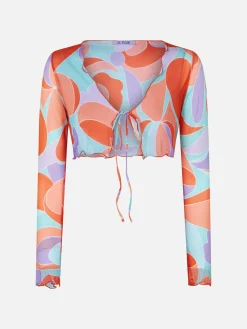 Cardigan crop da donna in tulle con stampa onde
