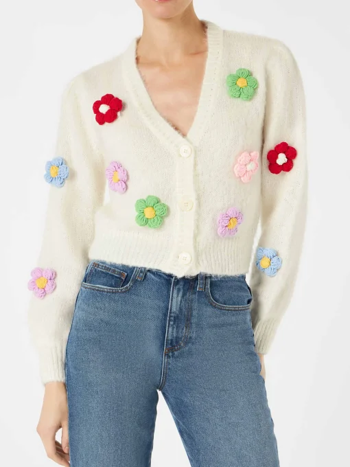 Cardigan crop garzato da donna con maniche a sbuffo