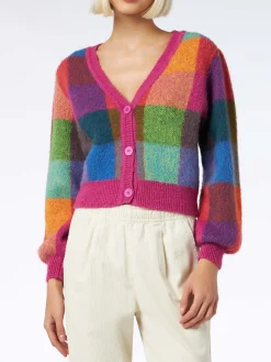 Cardigan cropped garzato da donna con maniche a sbuffo