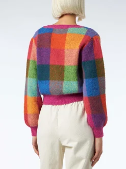Cardigan cropped garzato da donna con maniche a sbuffo