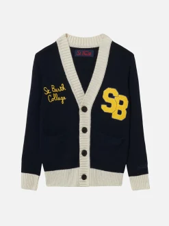 Cardigan da bambino in maglia con patch e ricami St. Barth College