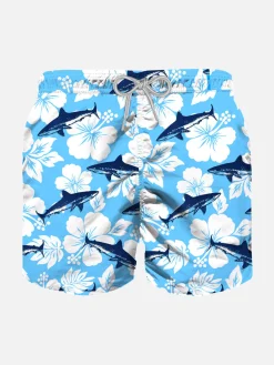 Costume da bambino con stampa floreale e squali