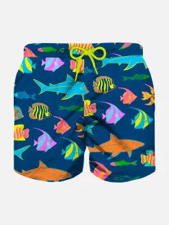 Costume da bagno blu da bambino con stampa di pesci colorati