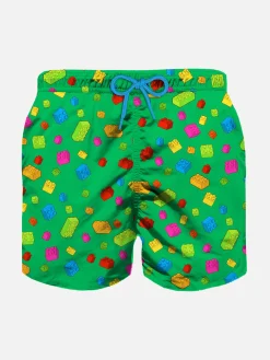 Costume da bagno da bambino con stampa mattoncini multicolore