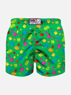 Costume da bagno da bambino con stampa mattoncini multicolore