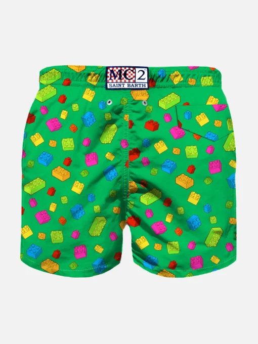 Costume da bagno da bambino con stampa mattoncini multicolore