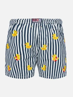 Costume da bagno da bambino a righe con papere ricamate