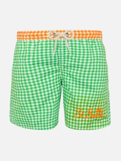 Costume da bagno da bambino vichy verde con ricami