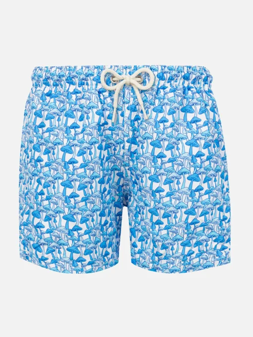 Costume da bagno da bambino in tessuto leggero con stampa funghi celesti