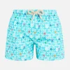 Costume da bagno da bambino azzurro con stampa stelle marine e tessuto comfort
