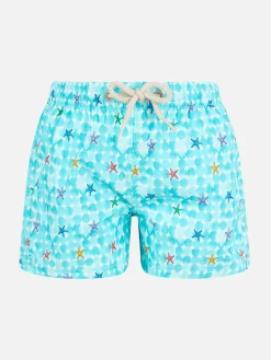 Costume da bagno da bambino azzurro con stampa stelle marine e tessuto comfort