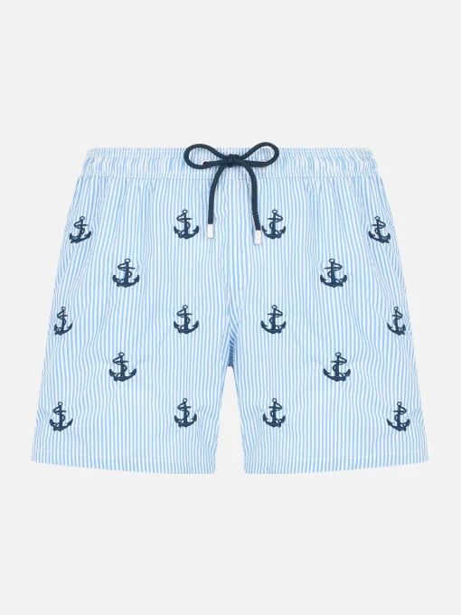 Costume da bagno da bambino in seersucker con ricamo di ancore