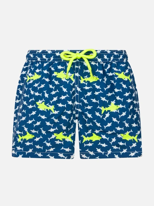 Costume da bagno da bambino in tessuto leggero Jean Lighting con ricamo squali