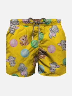 Costume da bagno da bambino in cotone con stampa cuccioli e palloncini
