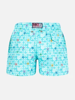Costume da bagno da bambino azzurro con stampa stelle marine e tessuto comfort