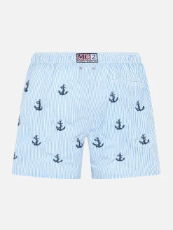Costume da bagno da bambino in seersucker con ricamo di ancore