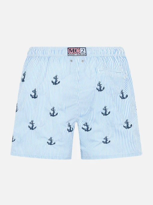 Costume da bagno da bambino in seersucker con ricamo di ancore