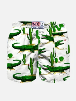 Costume da bagno da bambino con stampa coccodrillo e cactus