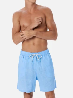 Costume da bagno da uomo di media lunghezza in lino color celeste Gustavia