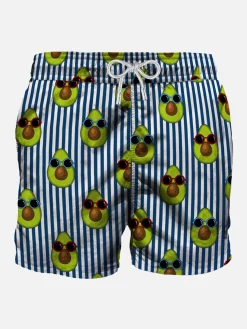 Costume da bagno di media lunghezza a righe blu stampa avocado