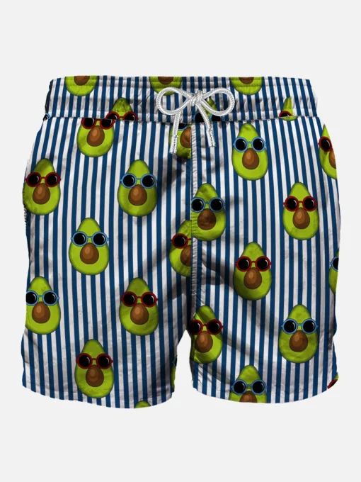 Costume da bagno di media lunghezza a righe blu stampa avocado