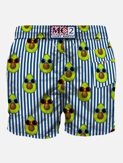 Costume da bagno di media lunghezza a righe blu stampa avocado