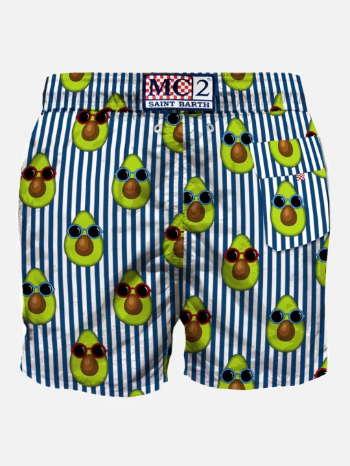 Costume da bagno di media lunghezza a righe blu stampa avocado