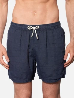 Costume da bagno in lino di media lunghezza blu tinta unita