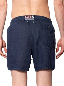 Costume da bagno in lino di media lunghezza blu tinta unita
