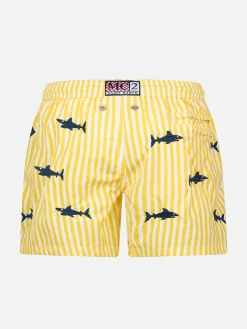 Costume da bagno Jean da bambino in seersucker con ricamo squali