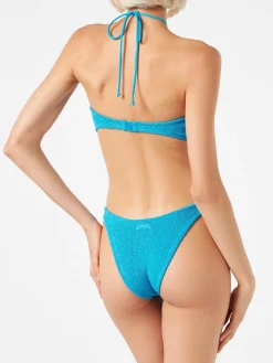 Costume da bagno trikini azzurro in lurex crinkle