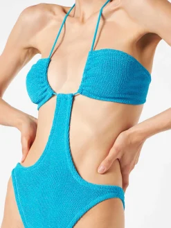 Costume da bagno trikini azzurro in lurex crinkle