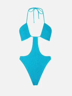 Costume da bagno trikini azzurro in lurex crinkle