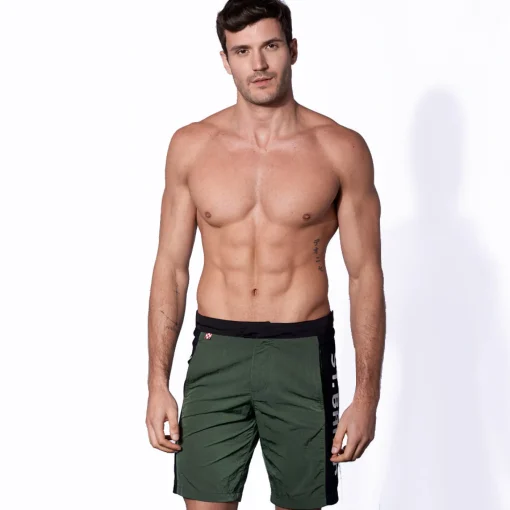 Costume da bagno verde militare con banda laterale in contrasto