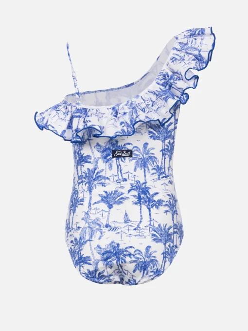 Costume intero Carin con volant e stampa toile de jouy da bambina