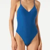 Costume intero con scollo a V in lurex bluette