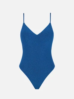 Costume intero con scollo a V in lurex bluette